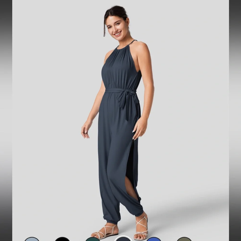 Sleeveless Tie Back Plicated Belted Side Pocket Cool Touch Jumpsuit-UPF50+ - Picture 4 of 8